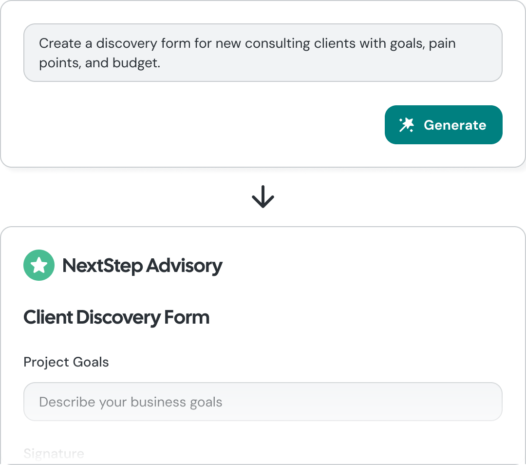 AI form generation interface showing a prompt and generated form