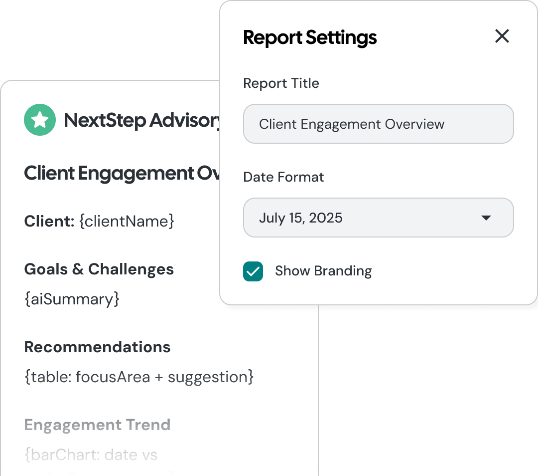 Report template builder interface showing customization options
