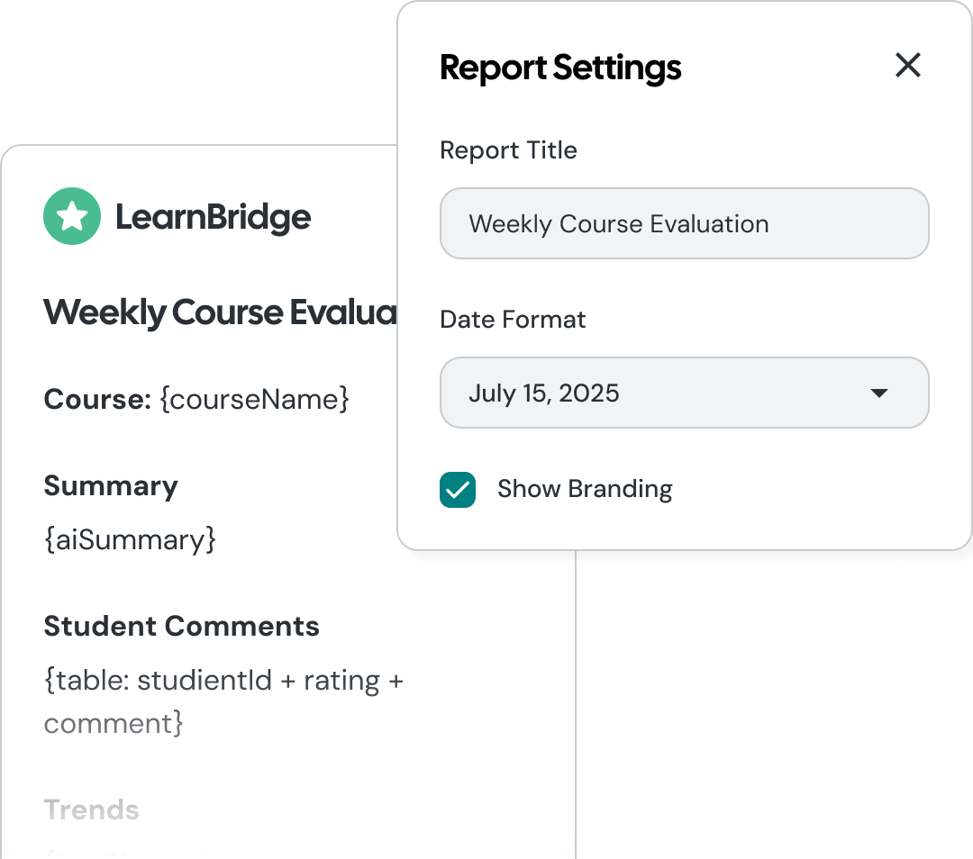Report template builder interface showing customization options