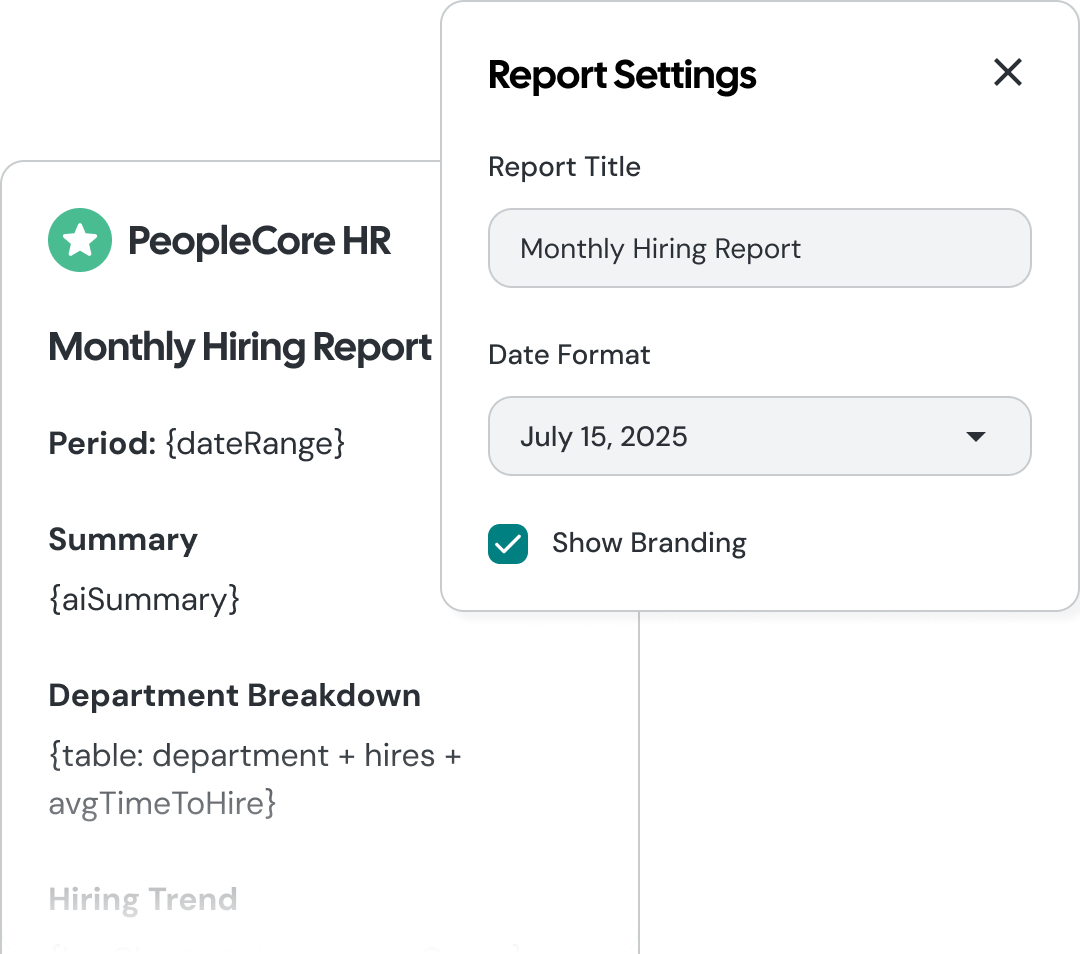 Report template builder interface showing customization options