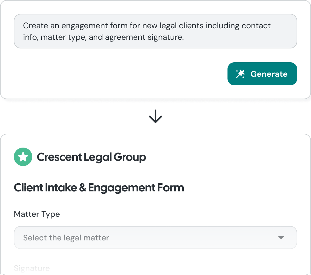 AI form generation interface showing a prompt and generated form