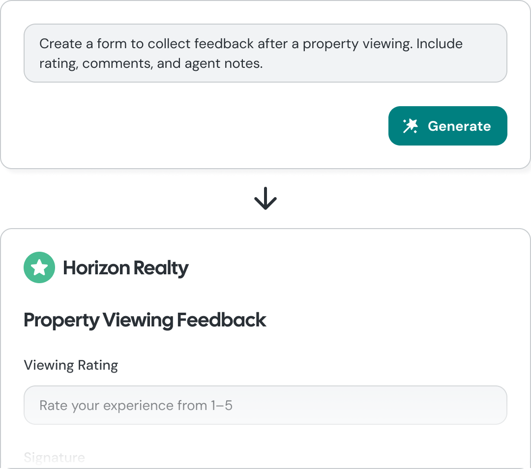 AI form generation interface showing a prompt and generated form