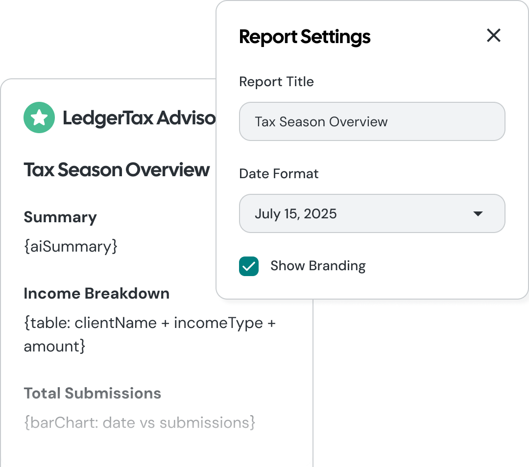 Report template builder interface showing customization options